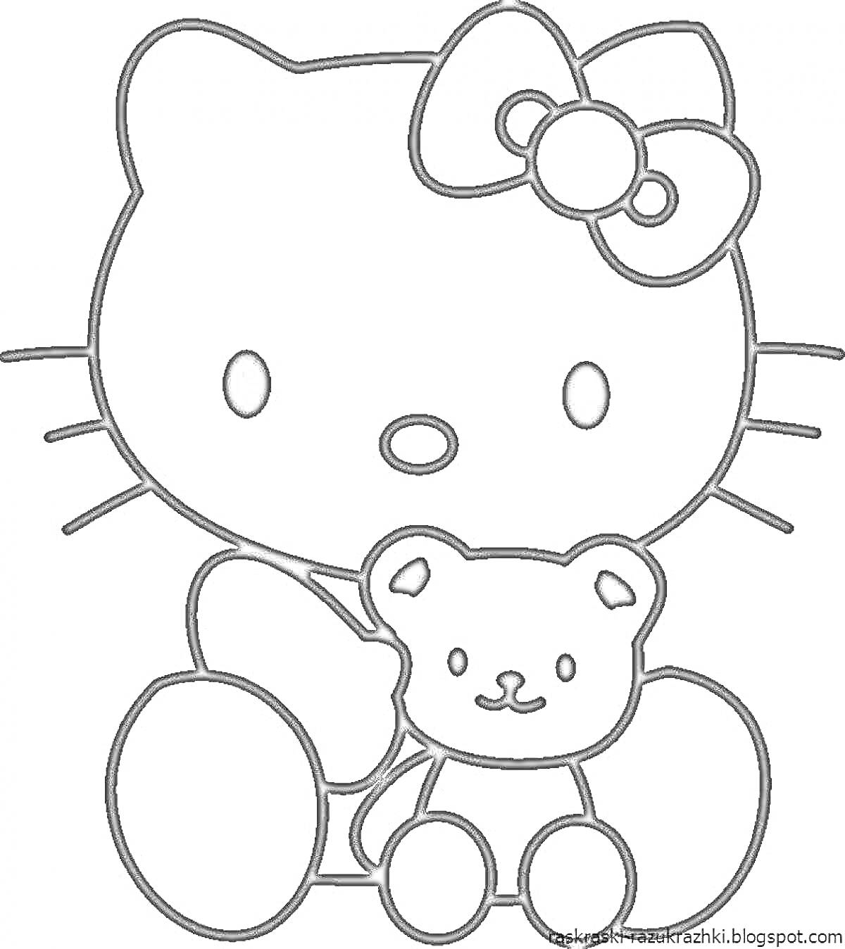 Раскраска Хеллоу Кити с бантиком держит медвежонка