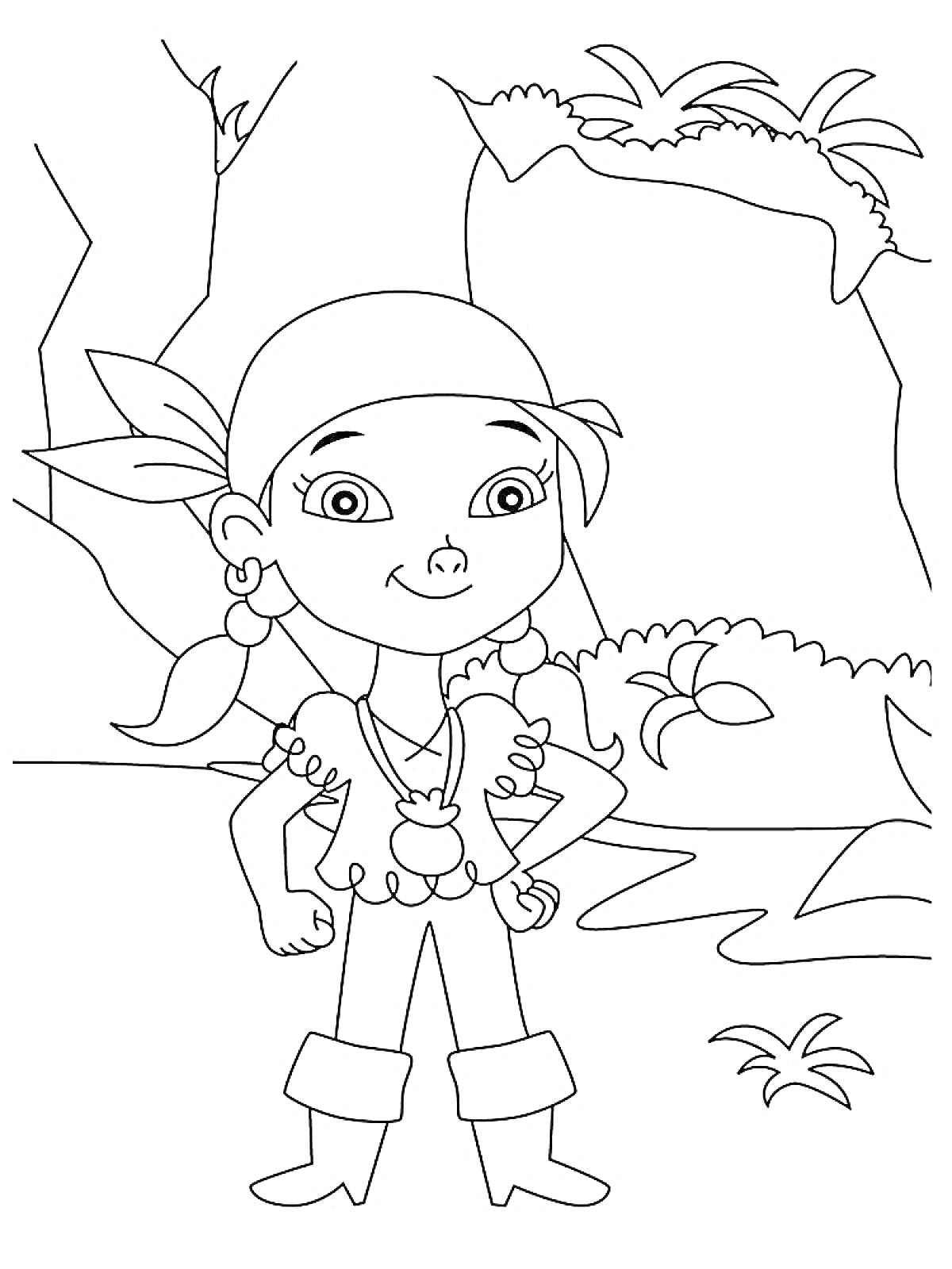 Раскраска Девочка в пиратском костюме на фоне джунглей с растительностью и скалами