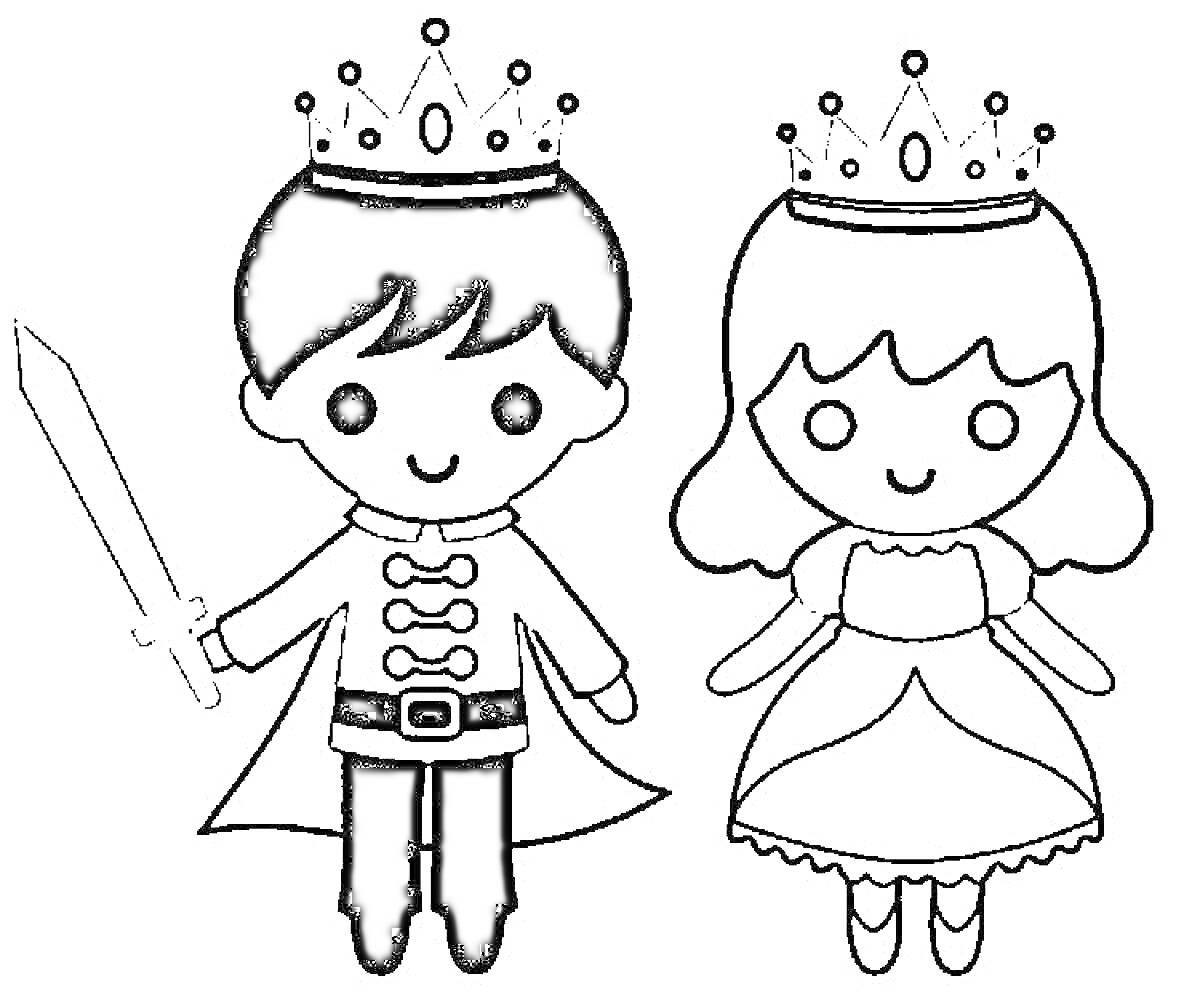 Раскраска Принц и принцесса с коронами и мечом