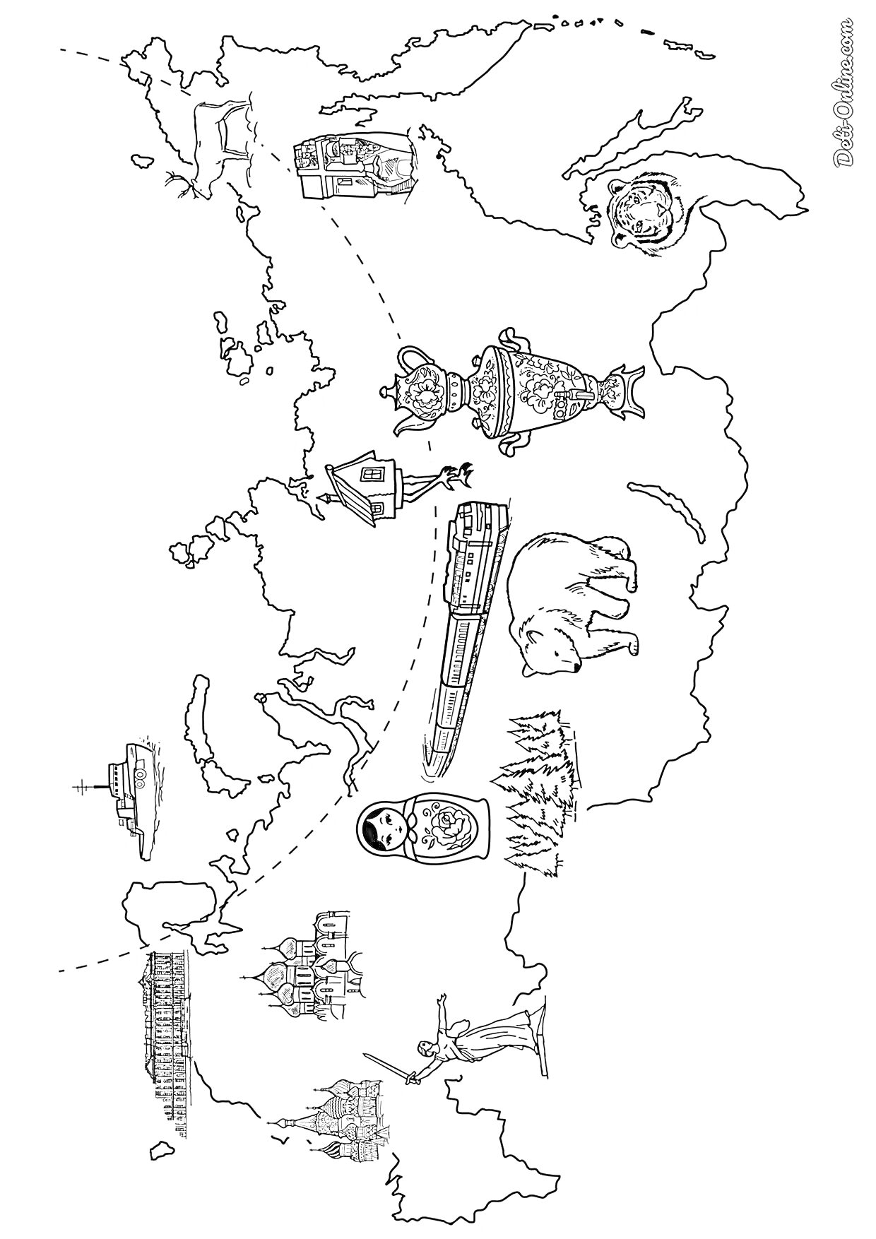 Раскраска Карта России для детей с символами: Кремль, храм Василия Блаженного, медведь, атомный ледокол, матрёшка, колокольня Софийского собора, балалайка, самовар, олени, ракета, лодка, тигр, мамонт и рыба