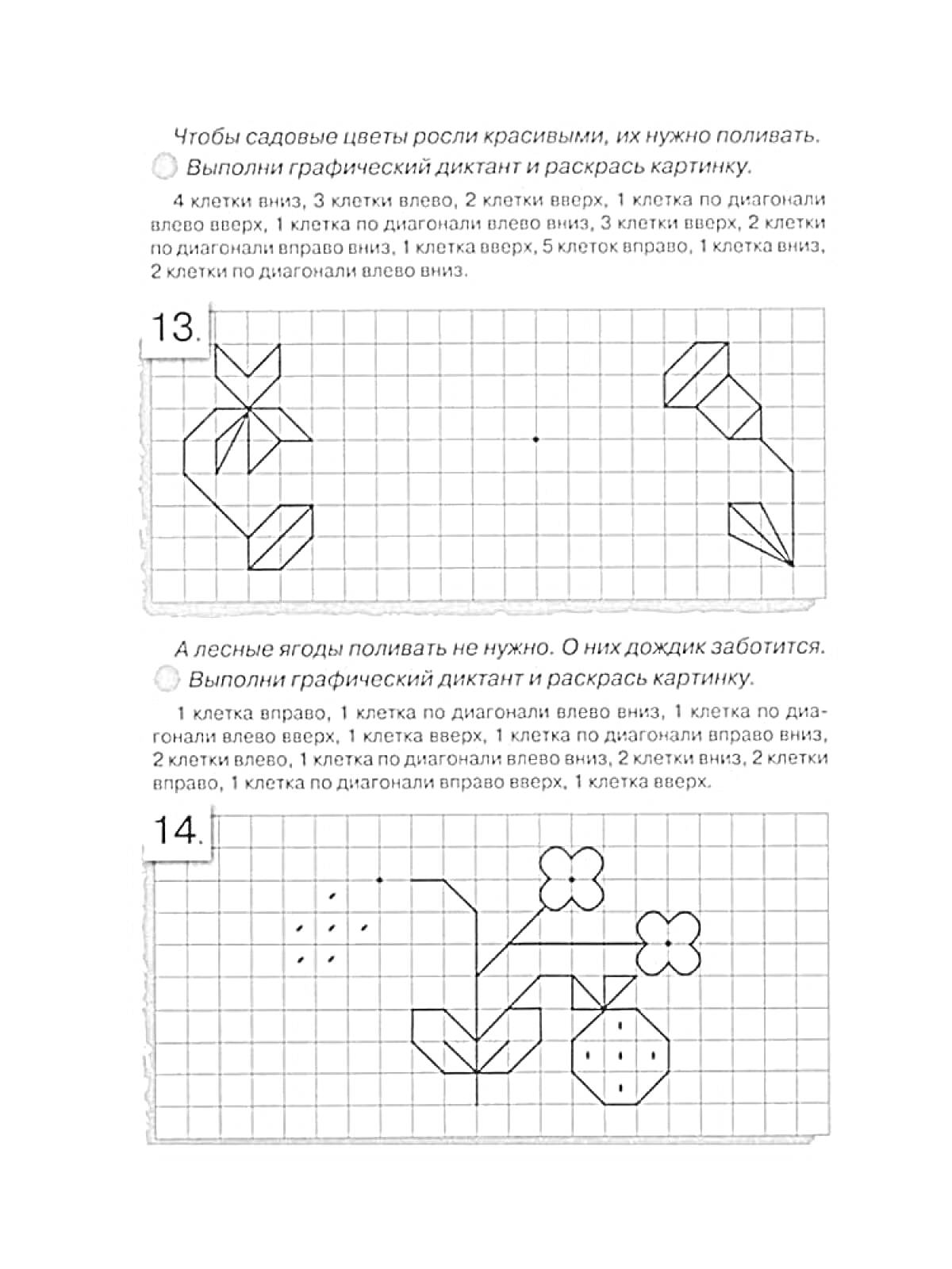 Раскраска Графический диктант с элементами: два цветка, четыре листочка, ромашка, шестиугольник с точками