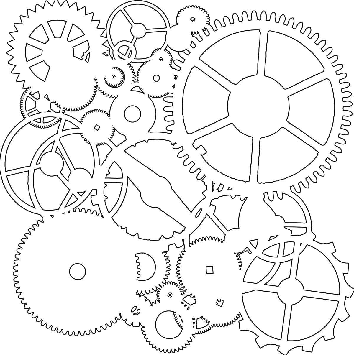 На раскраске изображено: Шестеренки, Механизмы, Техника, Зубчатые колеса, Контурные рисунки