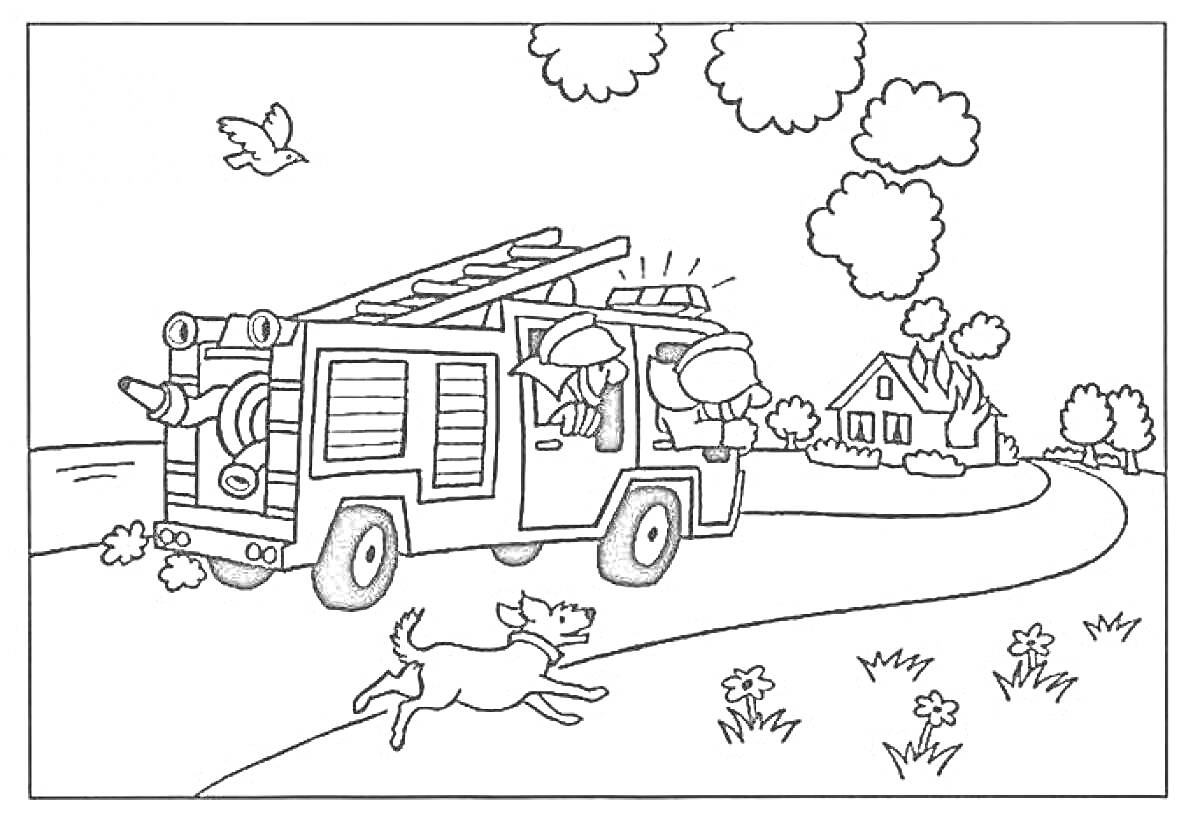 Раскраска Пожарная машина с лестницей, пожарные за рулем, собака бежит по дороге, дом на фоне, деревья и цветы, летящая птица
