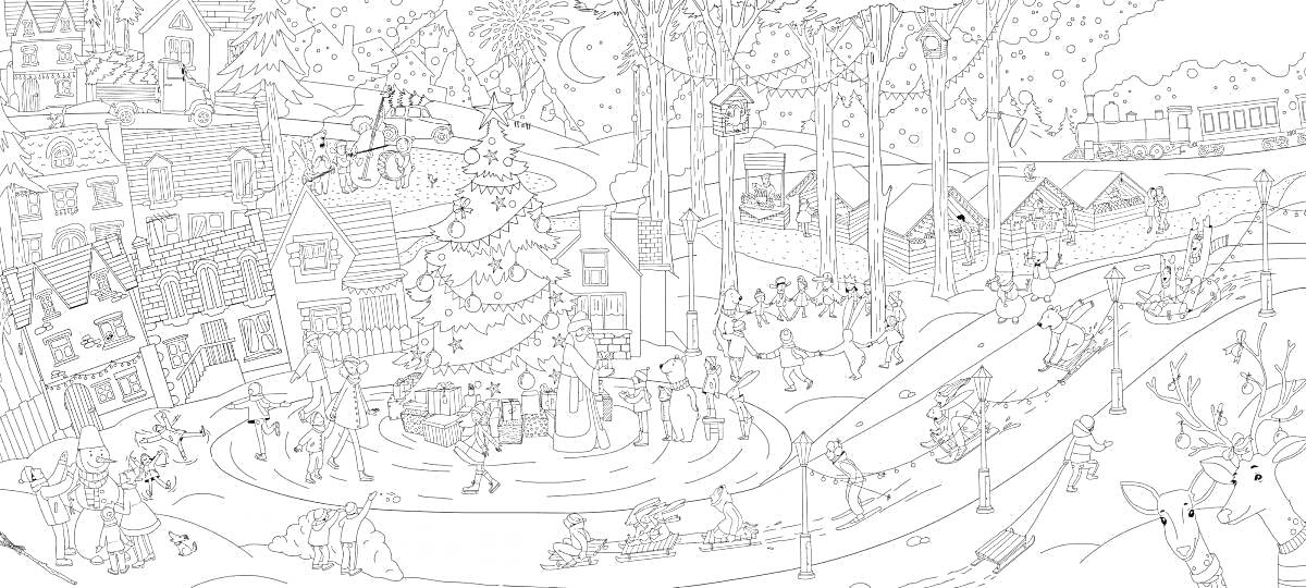 На раскраске изображено: Новый год, Зима, Деревня, Каток, Елки, Поезд, Рождество, Дом, Животные, Человек