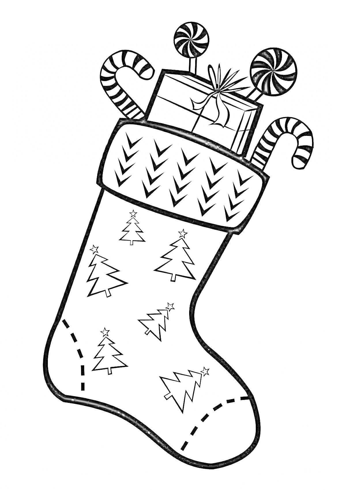 Раскраска Чулок с подарком, леденцами и карамельными тросточками