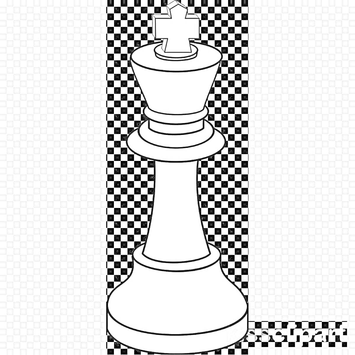 На раскраске изображено: Шахматы, Шахматные фигуры, Король, Для детей, Клетчатый фон