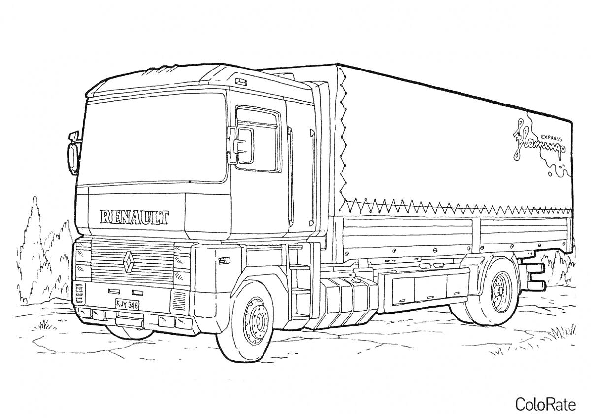 Раскраска Раскраска машины грузовика с тентованным кузовом на фоне природы