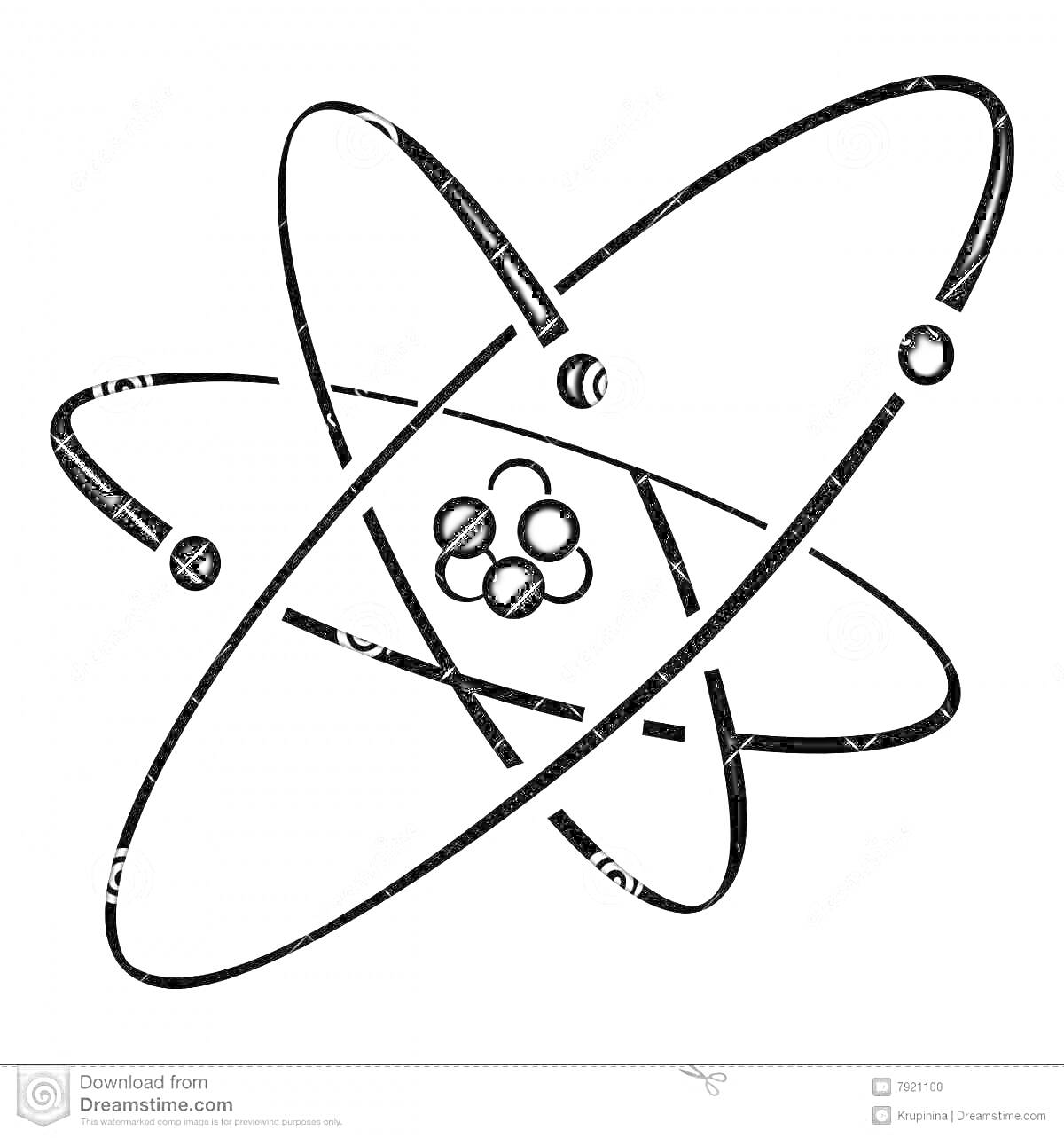 Раскраска Схематичное изображение атома с ядром и орбитальными электронами