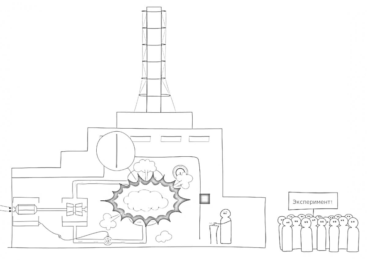 Раскраска Чернобыльская авария, взрыв на атомной электростанции, люди в масках, надпись 