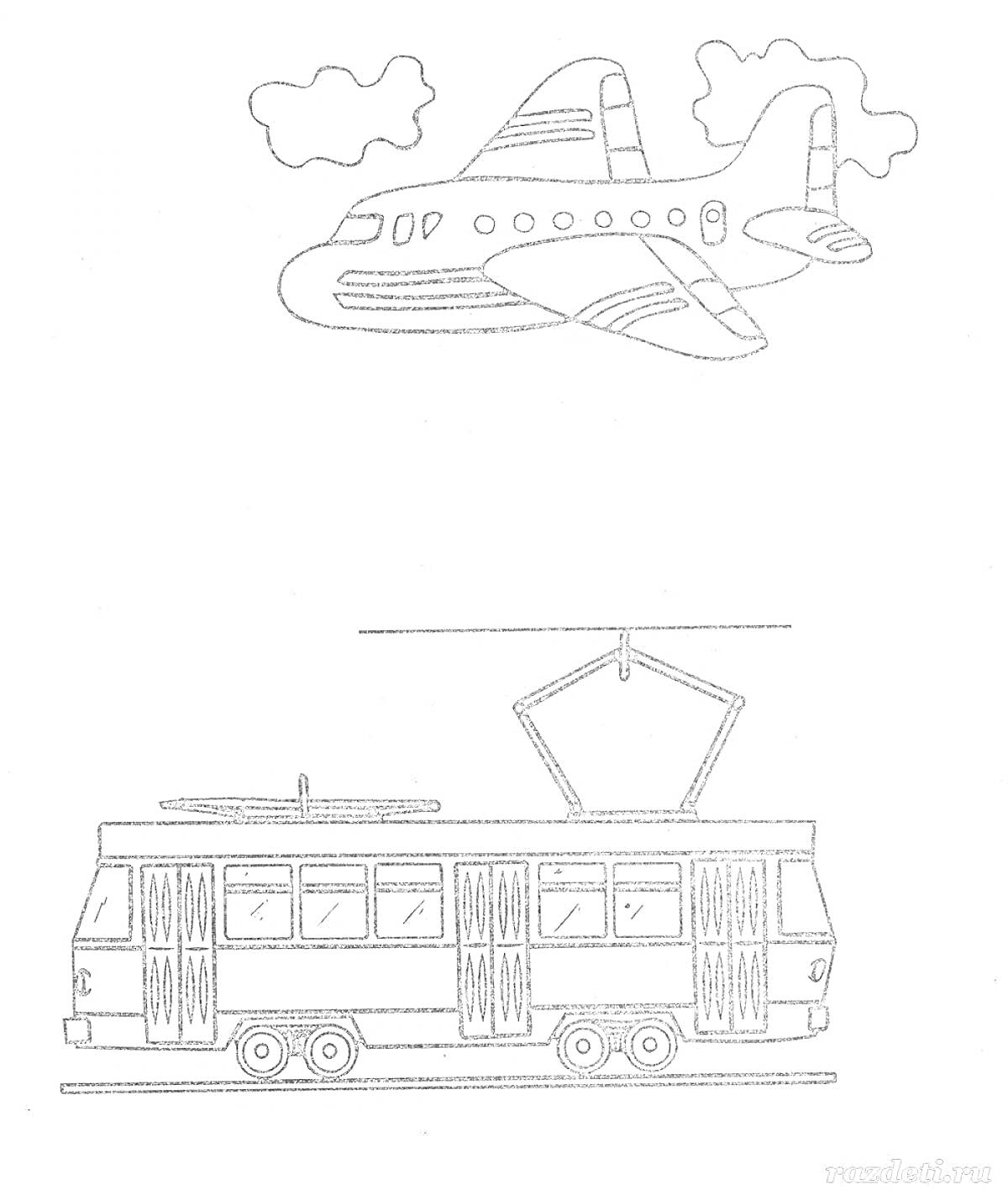 На раскраске изображено: Трамвай, Троллейбус, Облака, Транспорт, Линии