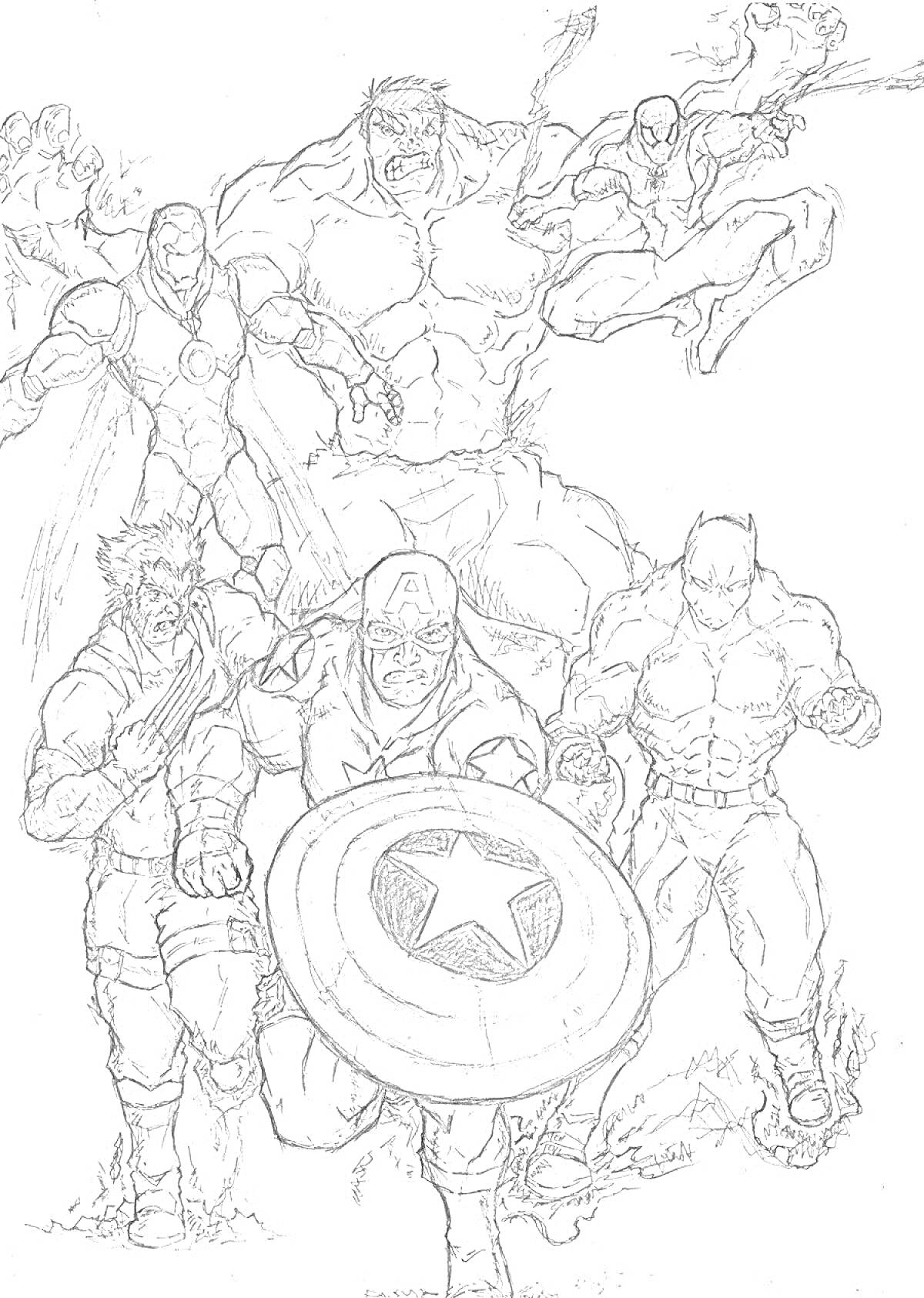 На раскраске изображено: Супергерои, Комиксы, Железный Человек, Халк, Человек-паук, Росомаха, Капитан Америка, Черная Пантера