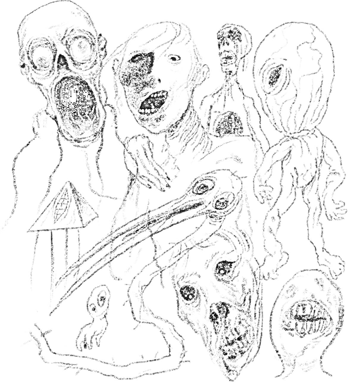 Раскраска Монстры Эйсипи — существа с деформированными лицами, длинными конечностями и необычными деталями, включая глаз на пирамиде и тварь с длинными клювами.