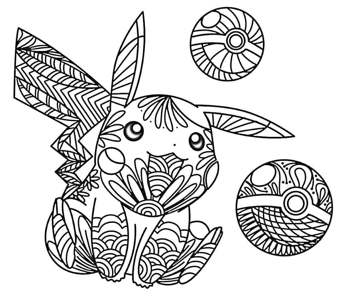 Раскраска Пикачу антистресс с шарами покеболами, элементы узорами