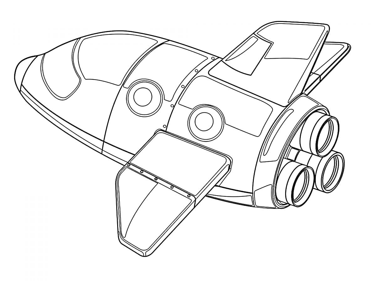 Раскраска Ракета с тремя двигателями и крыльями