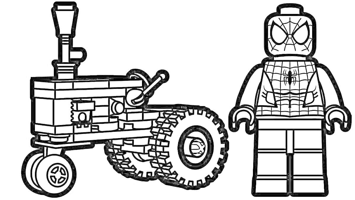 Раскраска Лего машина с крупными колесами и фигуркой героя в костюме с паутиной