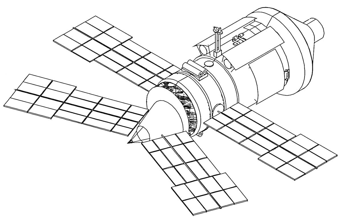 Раскраска Спутник с четырьмя солнечными панелями и антенным модулем