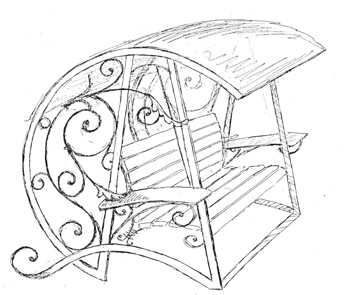 Раскраска Беседка-качели с декоративными коваными элементами и изогнутой крышей