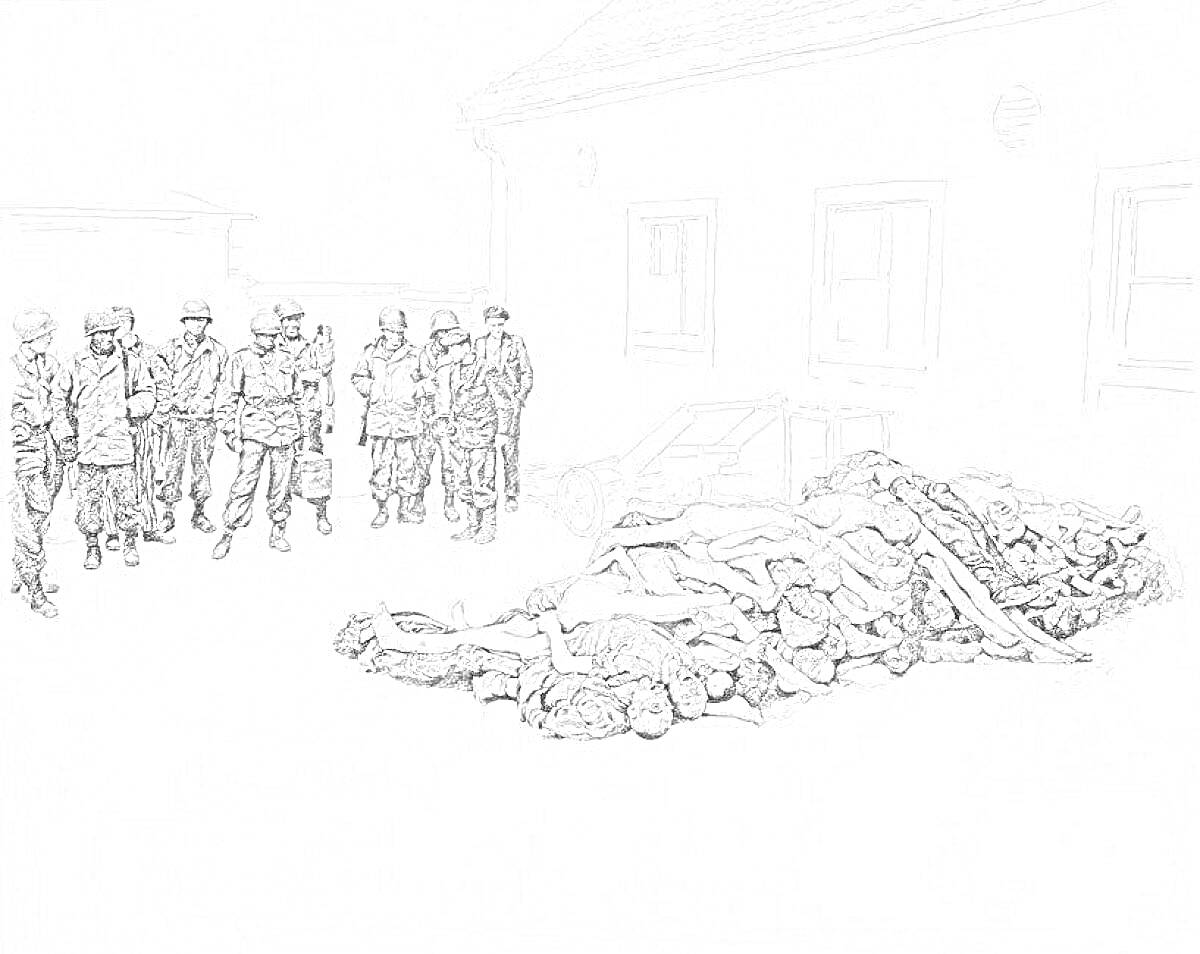 Группа людей в военной форме и гражданских стоит у здания, рядом лежит куча тел.