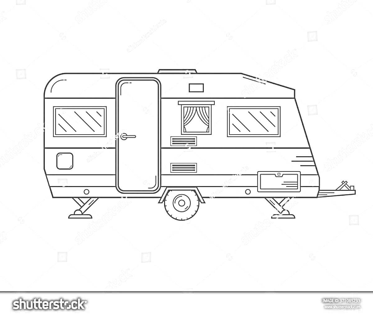 Раскраска Трейлер с окнами, дверью, колесом, прицепным устройством, подоконниками и жалюзи