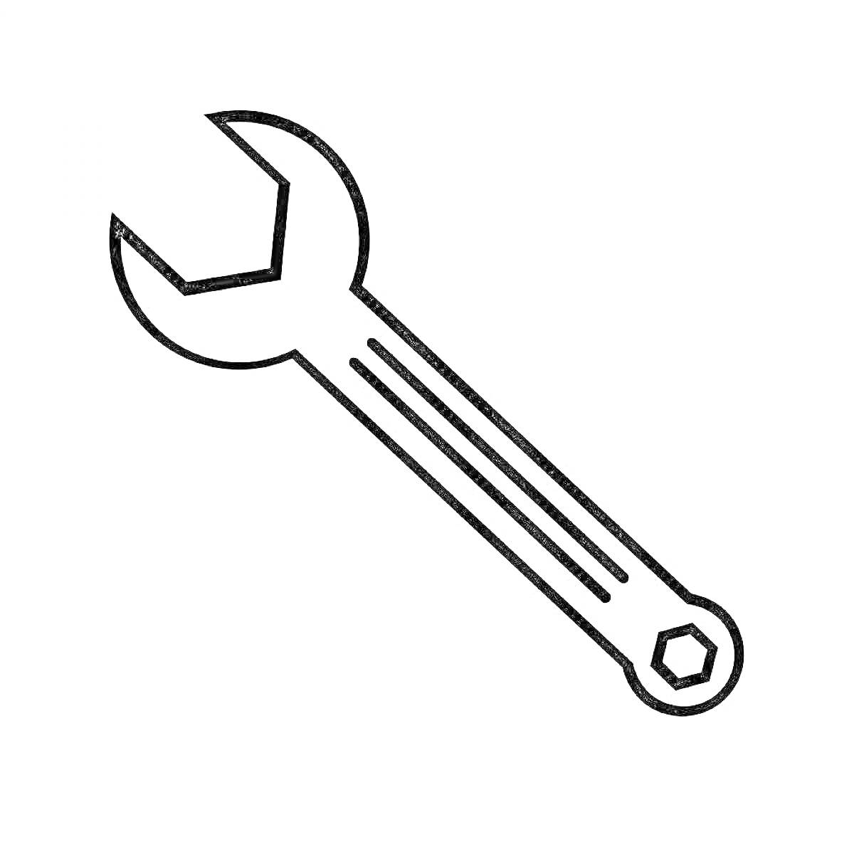 На раскраске изображено: Гаечный ключ, Инструмент, Ремонт, Техника, Механика