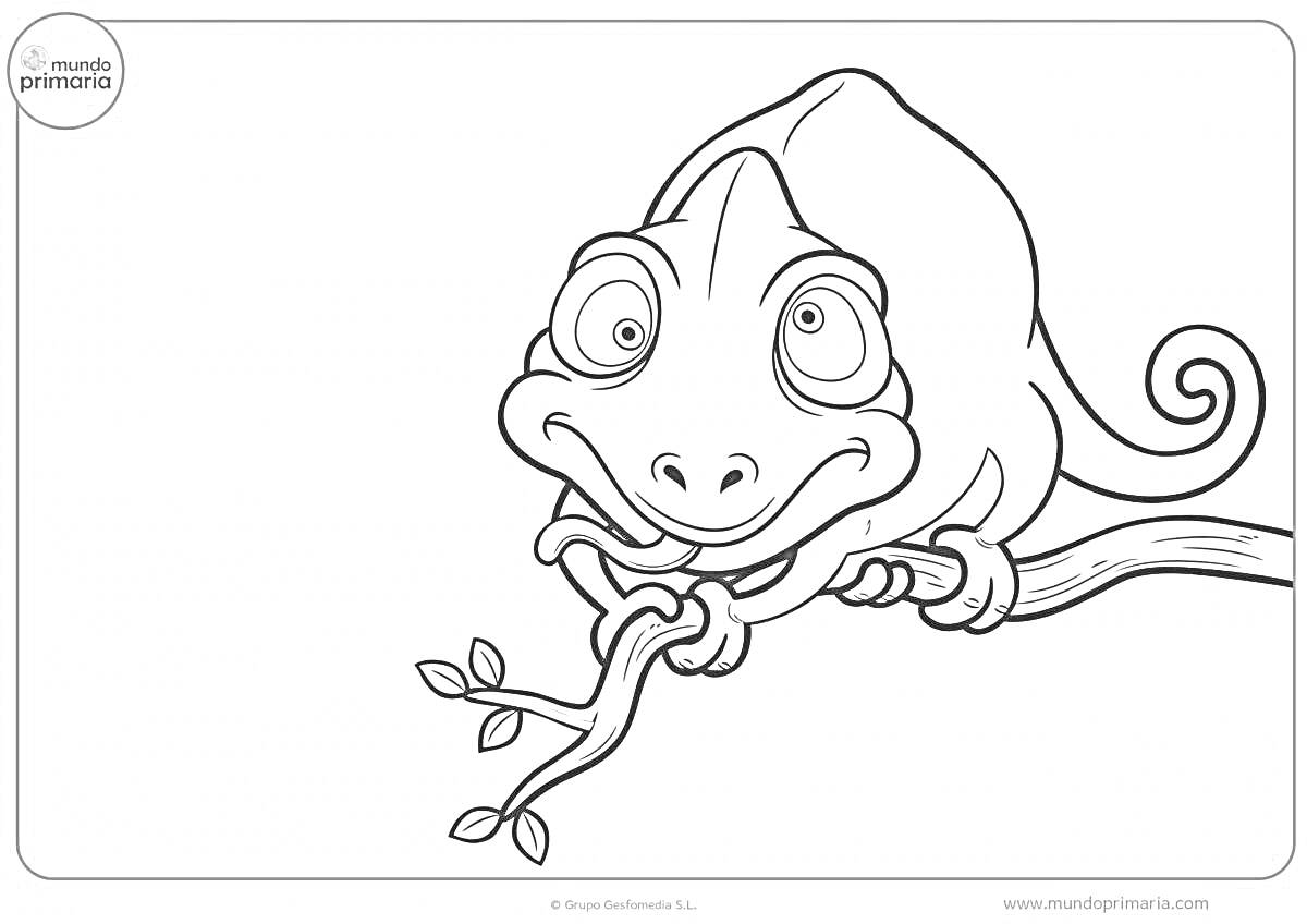 На раскраске изображено: Хамелеон, Ветка, Листья, Природа, Искусство