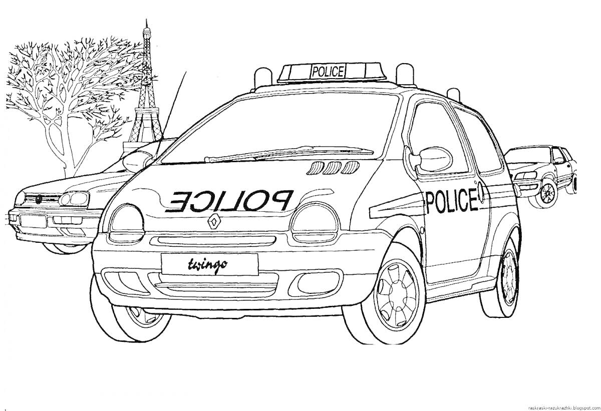 На раскраске изображено: Полицейский автомобиль, Сирена, Эйфелева башня, Для мальчиков, Транспорт, Полиция, Деревья