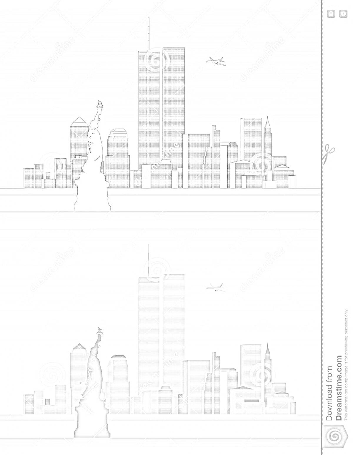 Раскраска Башни Близнецы с горизонтом Нью-Йорка, Статуя Свободы и самолетом