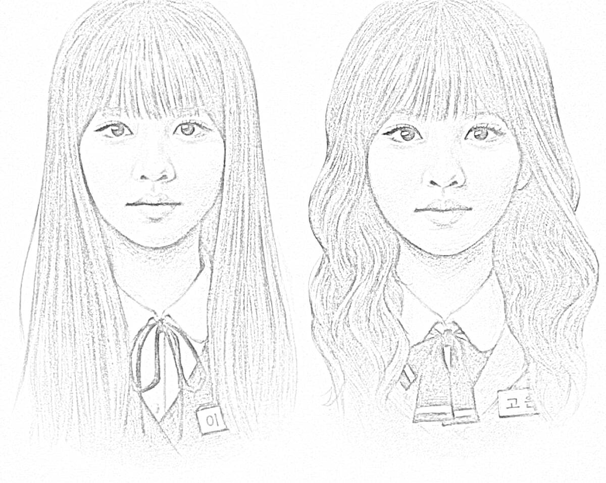 Раскраска Две девушки с длинными волосами в школьной форме