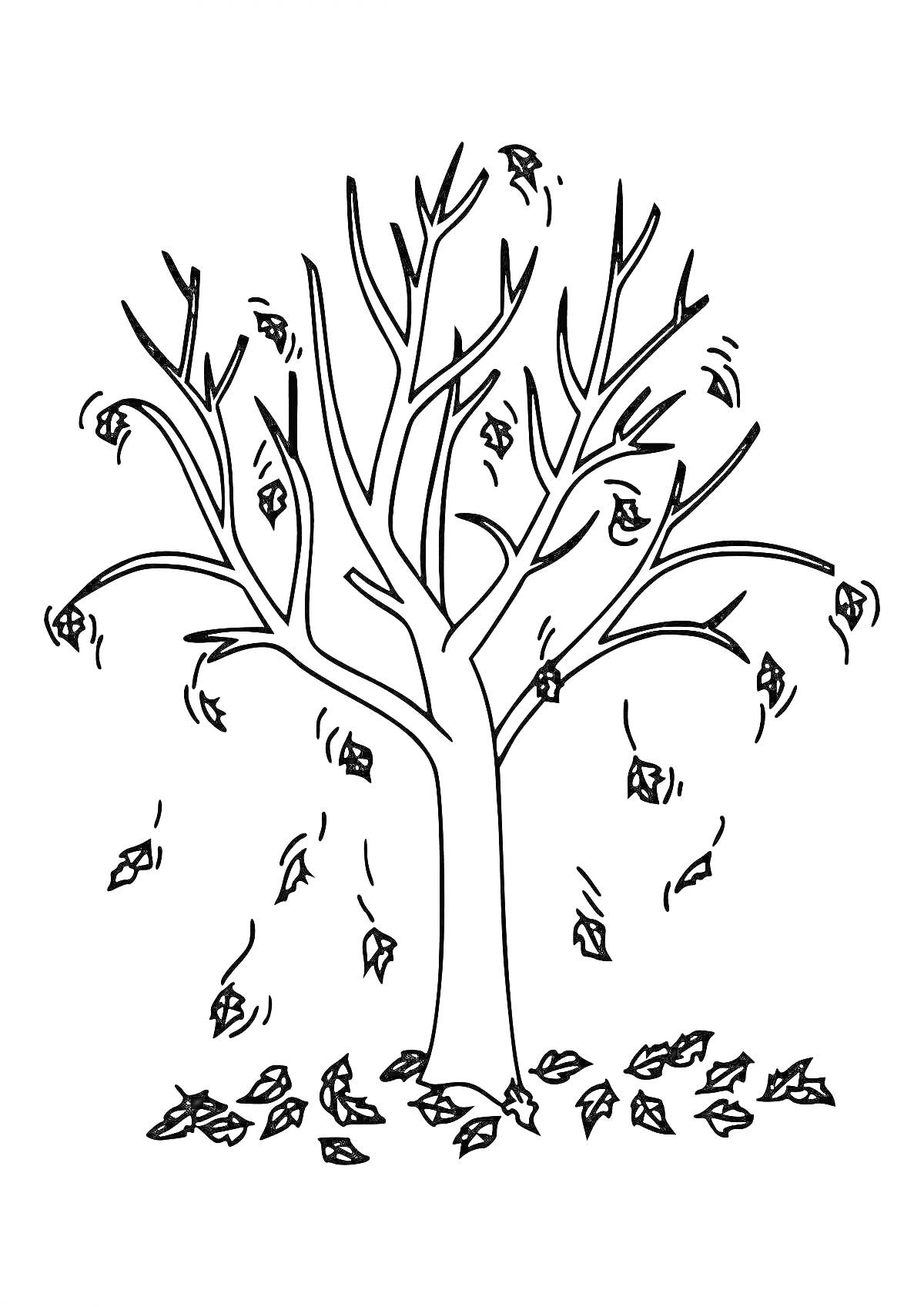 На раскраске изображено: Дерево без листьев, Осень, Зимний лес, Природа, Листья