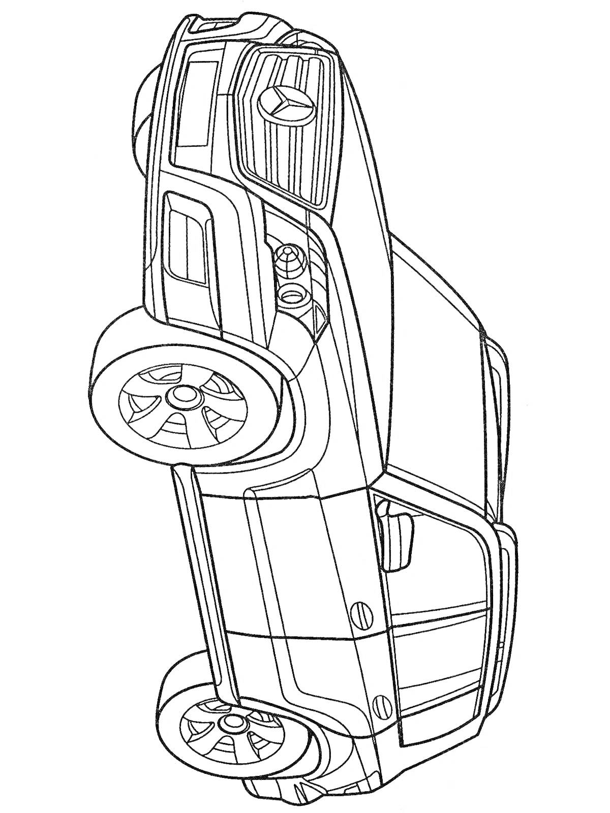 На раскраске изображено: Мерседес, Большие колеса, Задние фары, Контур автомобиля