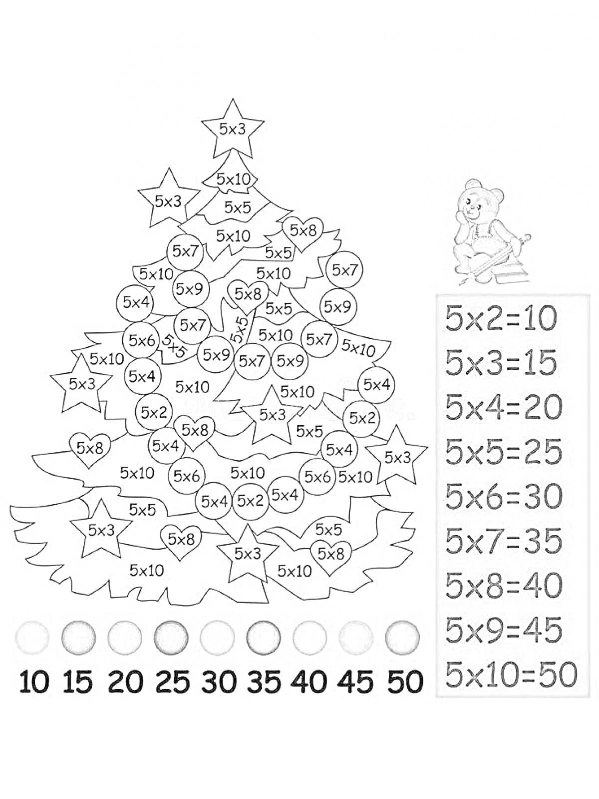 На раскраске изображено: Таблица умножения, Звезды, Елочные украшения, Математические задания, Учебные материалы