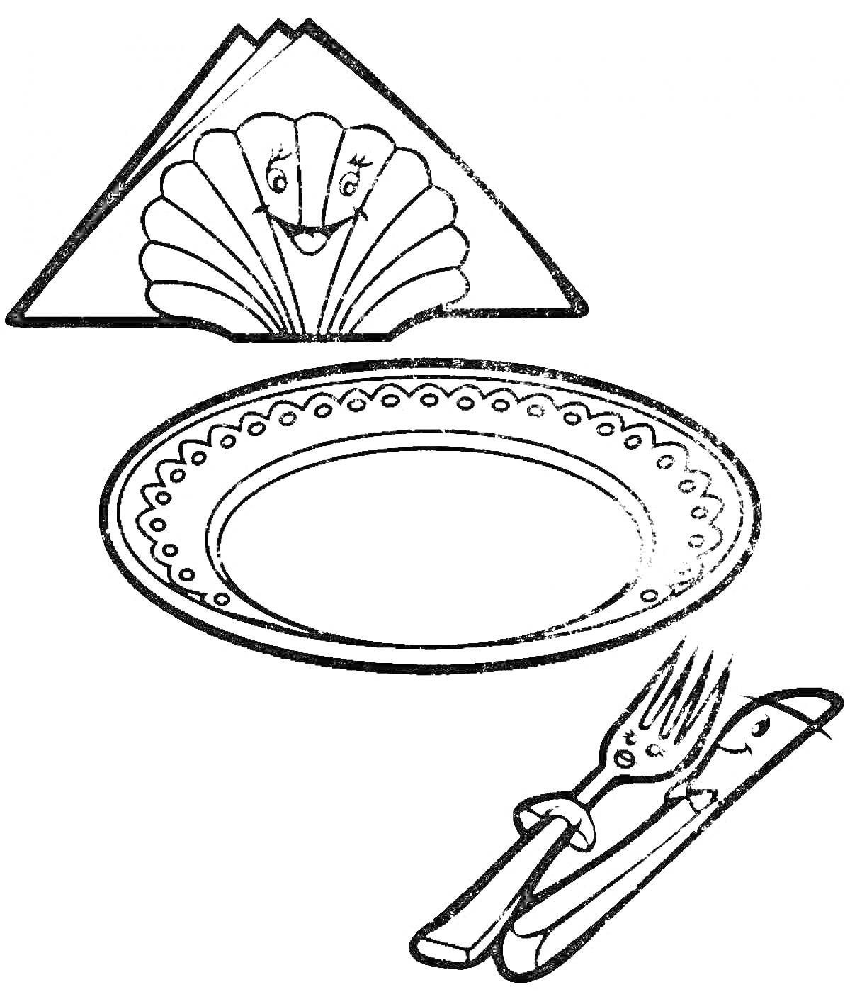 Тарелка с узорами, салфетка с лицом, нож и вилка