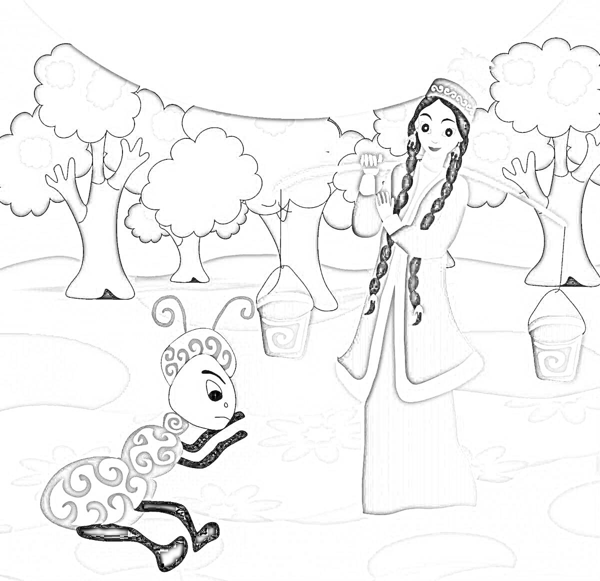 На раскраске изображено: Принцесса, Лес, Деревья, Из сказок, Лесной пейзаж, Ведёрко, Сказочные существа