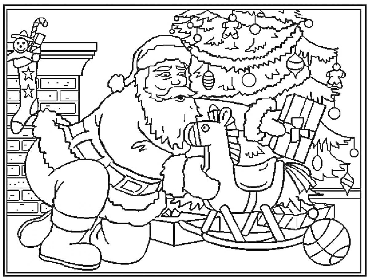 На раскраске изображено: Дед Мороз, Новогодняя елка, Подарки, Игрушки, Лошадка-качалка, Новый год, Рождество