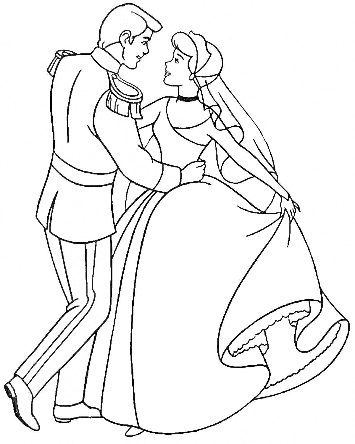 На раскраске изображено: Принц, Золушка, Танец, Бал, Платье, Свадьба, Принцесса