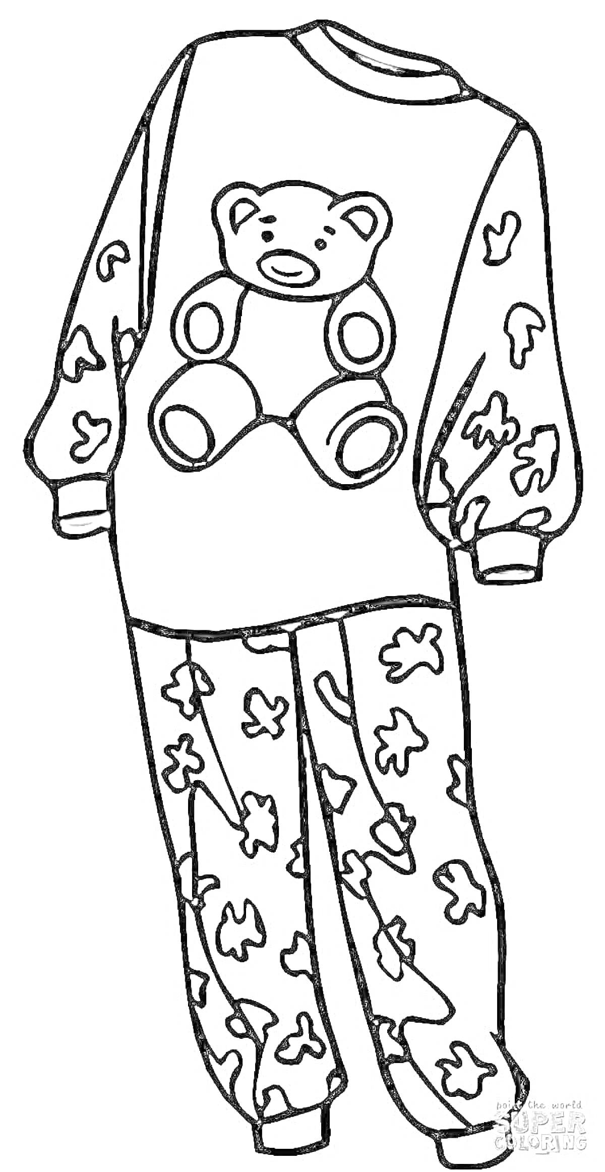 Раскраска Раскраска с изображением пижамы с медвежонком и рисунком листьев