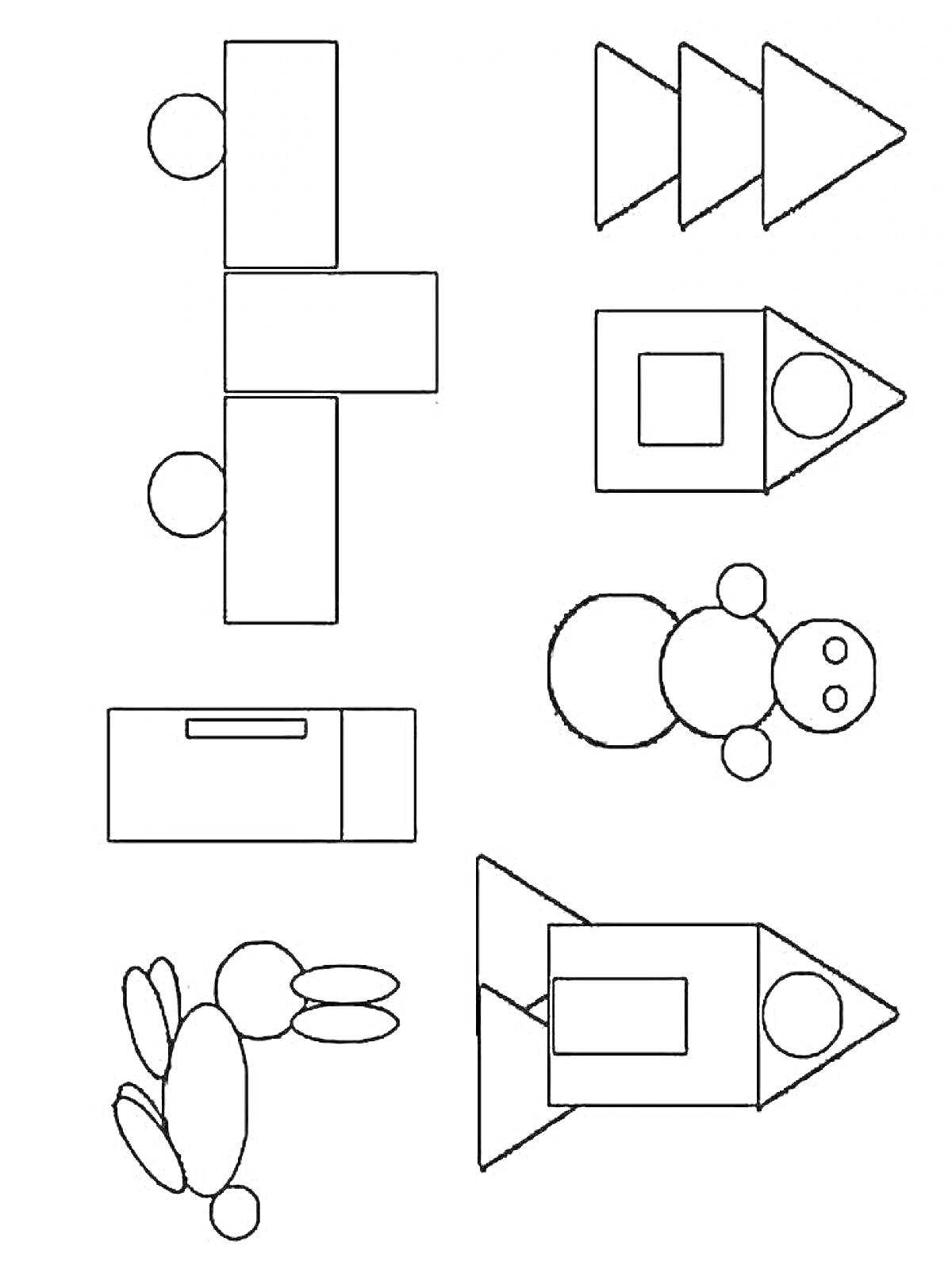 На раскраске изображено: Геометрические фигуры, 3 года, 4 года, Домик, Заяц, Ракета