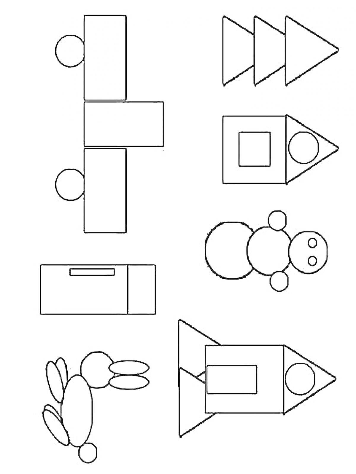 Раскраска Геометрические фигуры для детей 3-4 лет - человечки, елка, домик, снего баба, ящик, заяц, ракета
