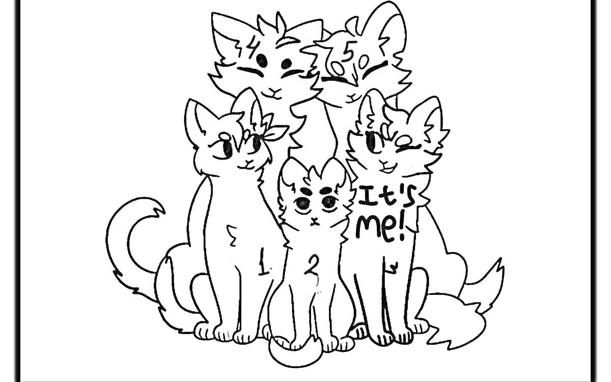 Раскраска пять кошек, одна из них с надписью 