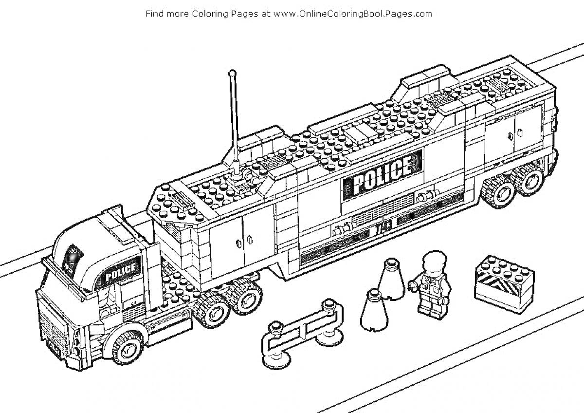 Раскраска Полицейский грузовик, полицейские мини-фигурки, барьер, рация, ящик
