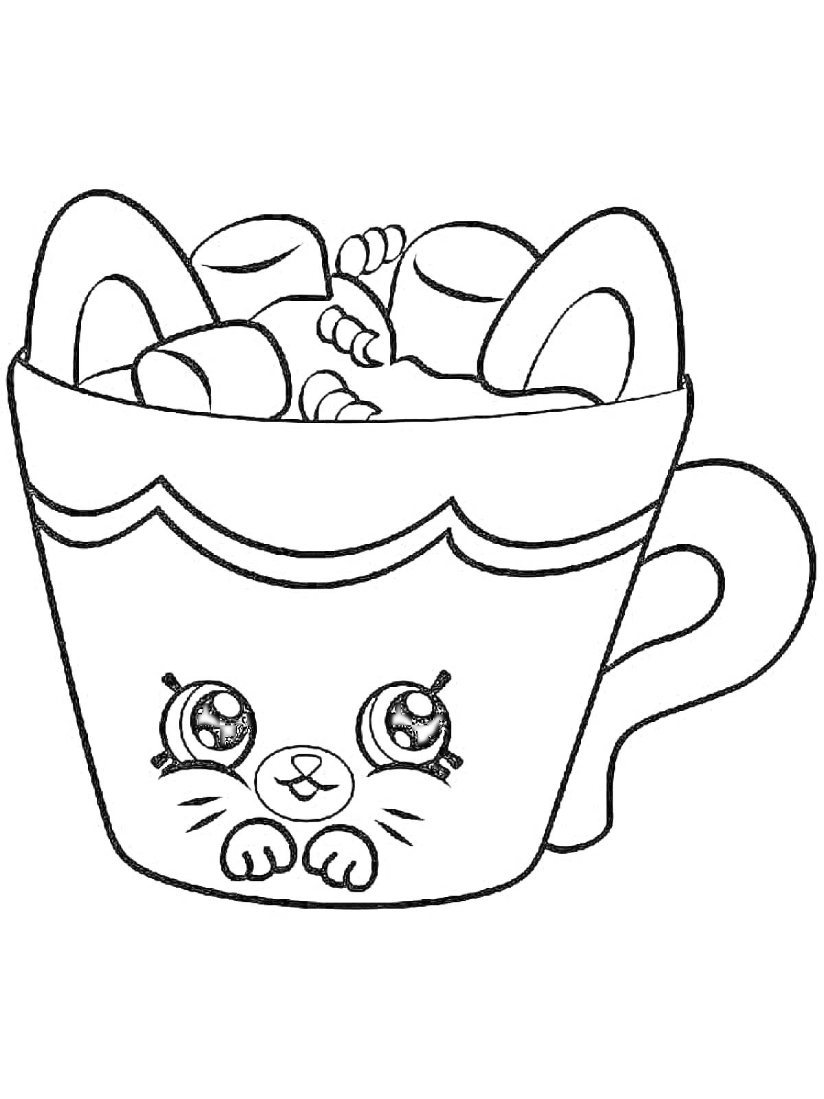 Раскраска Кружка с какао и маршмеллоу, с милой мордочкой на кружке и крекерами в форме зверят