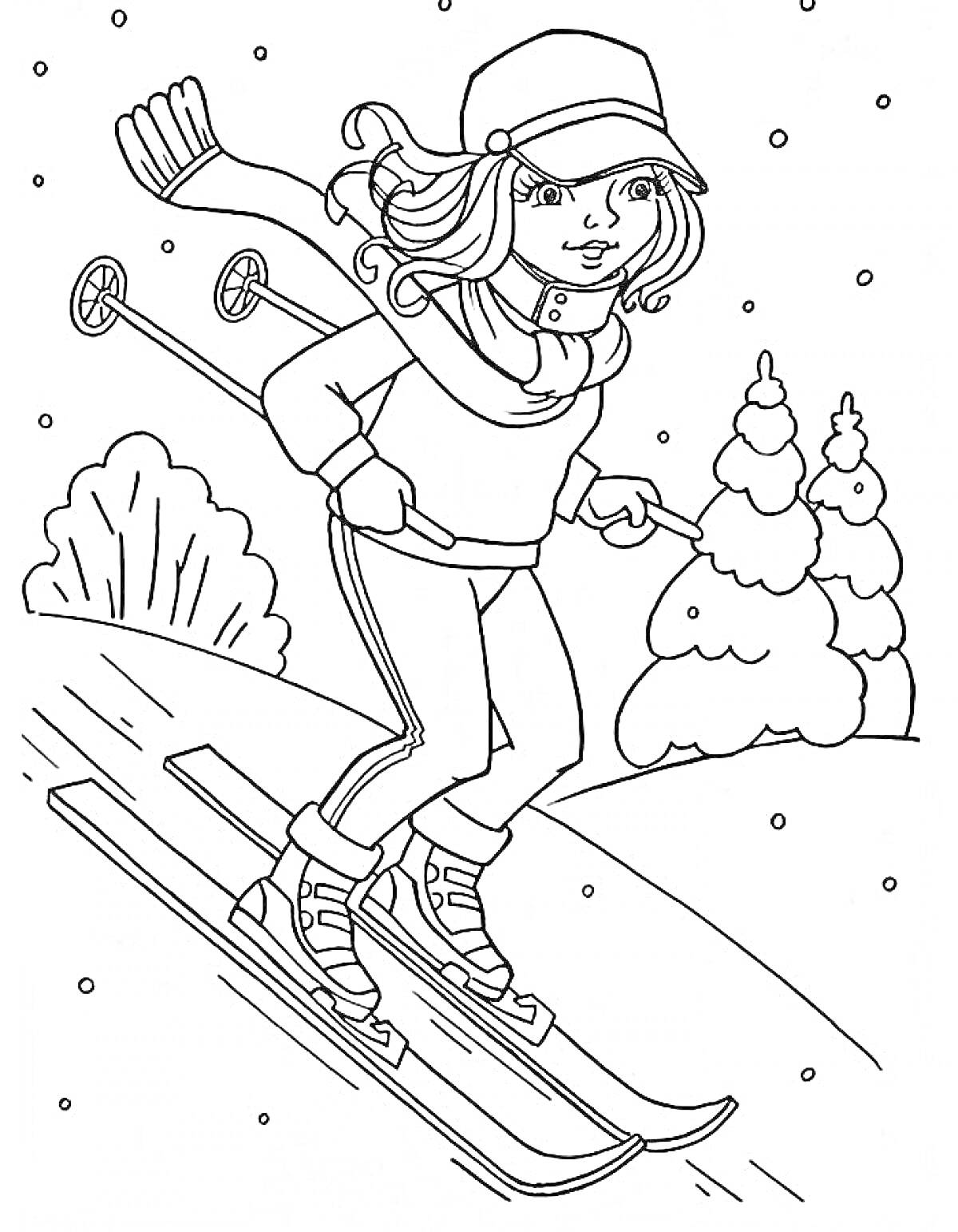 На раскраске изображено: Зима, Лыжи, Девочка, Снег, Спорт, Деревья, Зимние виды спорта, Активность, Для детей