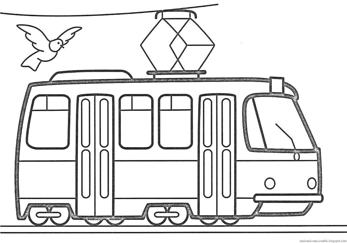 Раскраска Трамвай с птицей и проводами