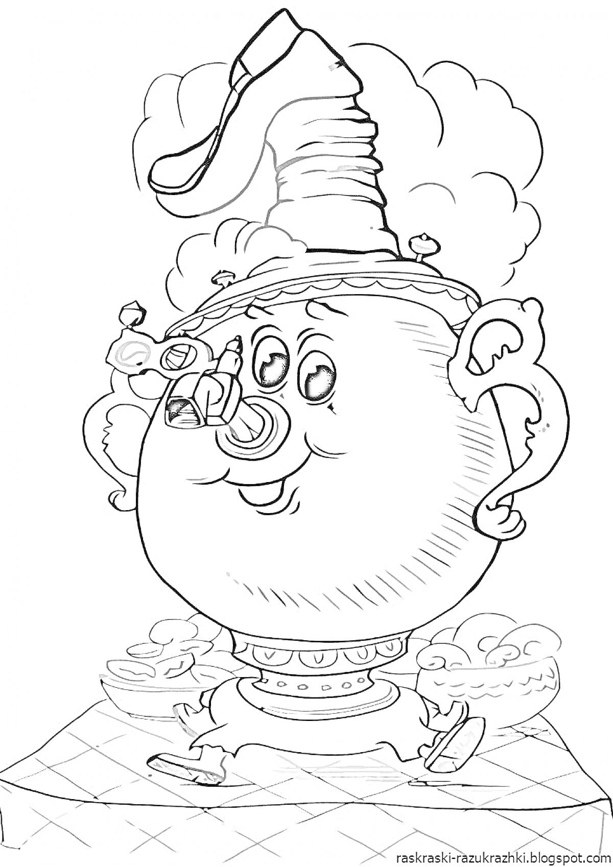 Раскраска Самовар с чаем, пирогами и дымом из трубы на клетчатой скатерти