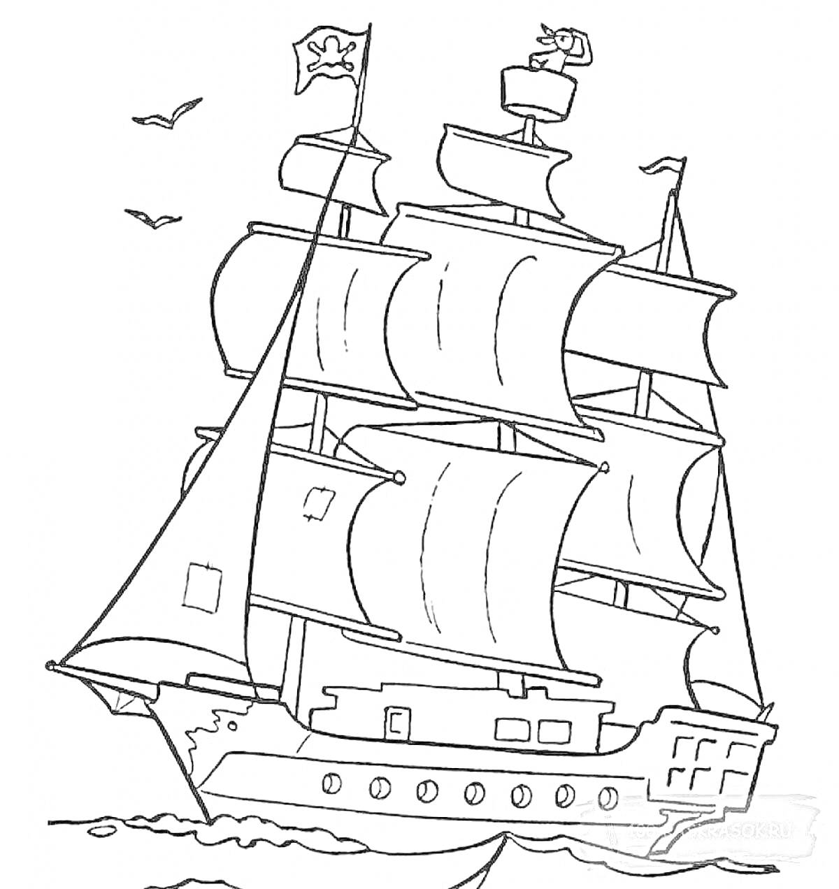 Раскраска Парусник с мачтами, флагами и птицами в небе