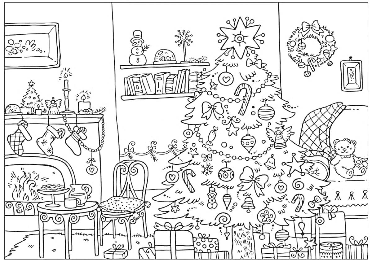 Раскраска Большая новогодняя ёлка, украшенная гирляндами и игрушками, вокруг ёлки - подарки, камин с новогодним декором, носки на камине, стул, чайный столик, игрушечный мишка, новогодний венок на стене, праздничная атмосфера.