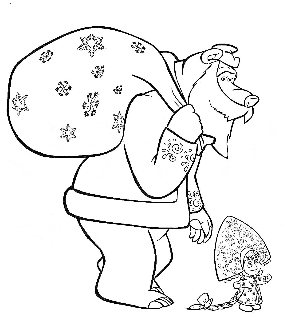 Раскраска Медведь с мешком подарков и Снегурочка с петушком