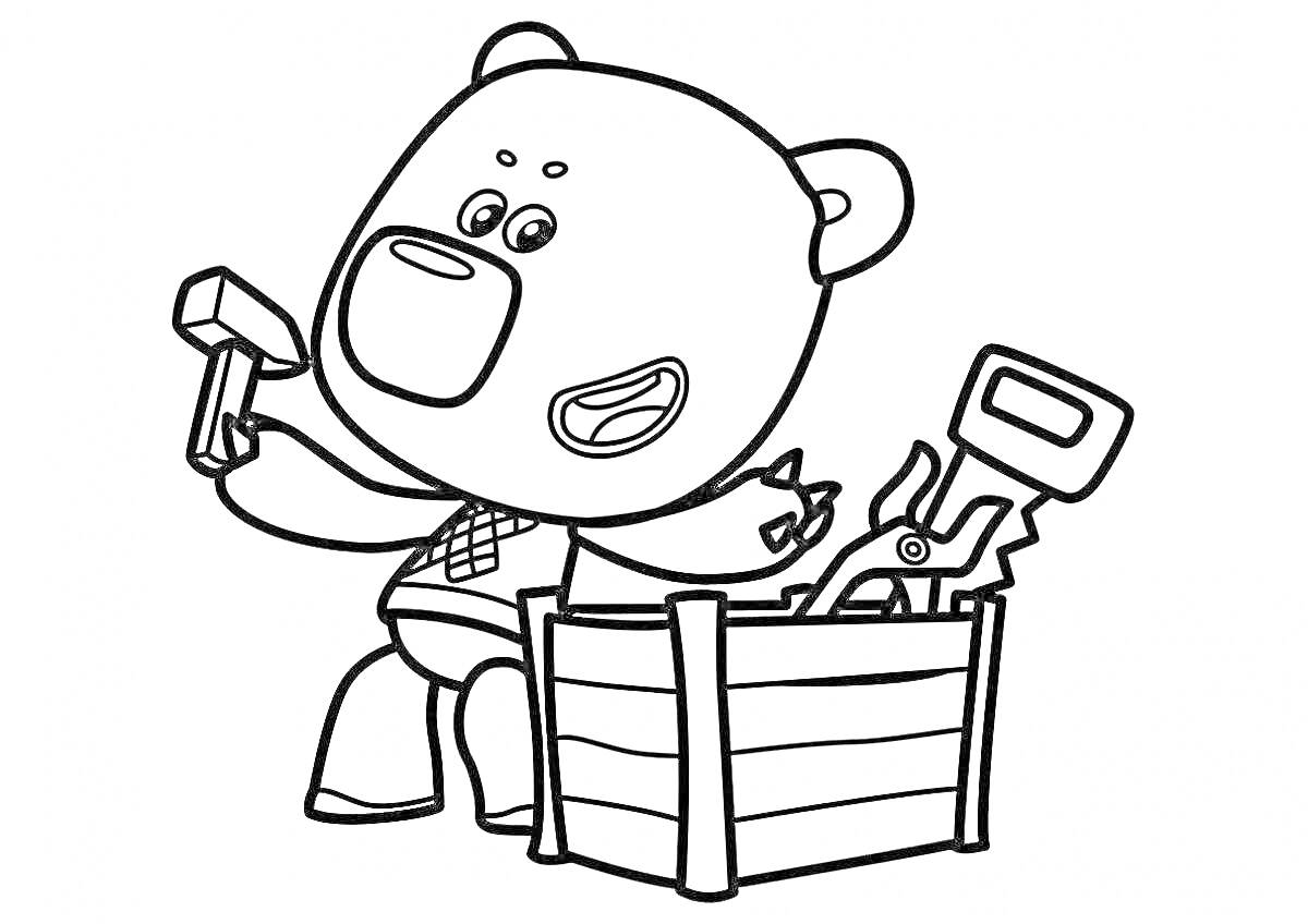 Раскраска Медвежонок с молотком и ящиком с инструментами