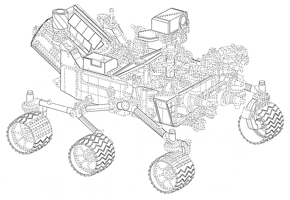 Раскраска Марсоход с шасси, солнечной панелью, сенсорами и инструментами