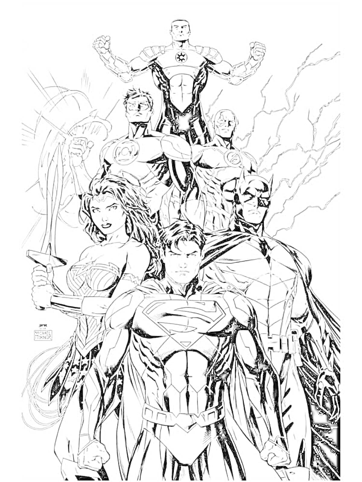 На раскраске изображено: Лига Справедливости, Супергерои, Плащ, Меч, Щит, Комиксы, Герой, Молния